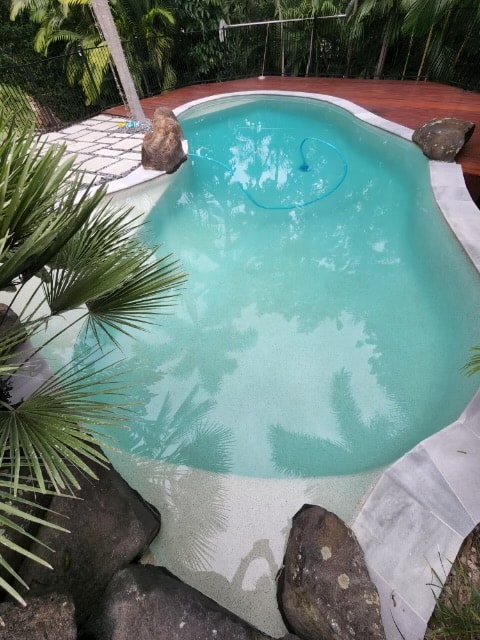 newly refurbished pool with rocks and palm trees